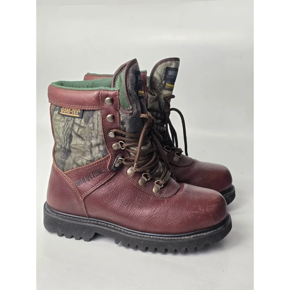 Wolverine Camo Men's Boots Size 7.5 Brown Leather Hunting Work‎ High Top Shoes